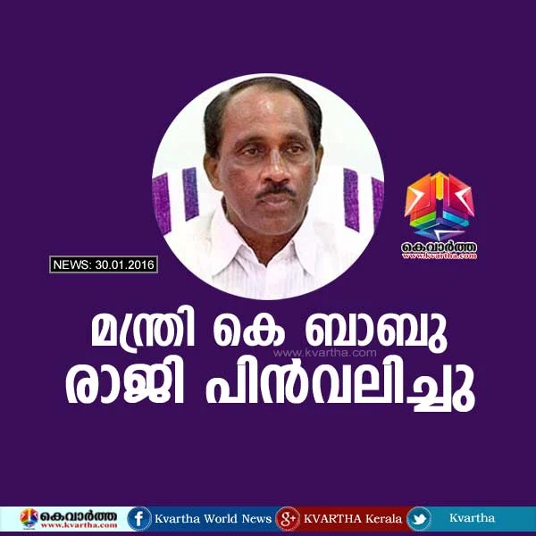Minister K. Babu, Kerala, Resigned, Minister, Bar bribery scam: K Babu withdraws resignation after Congress refuses to accept it