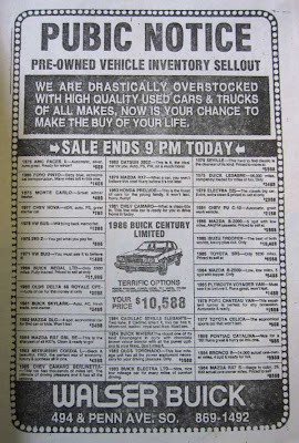 Black and white newspaper ad for a car dealer with large all caps headline PUBIC NOTICE