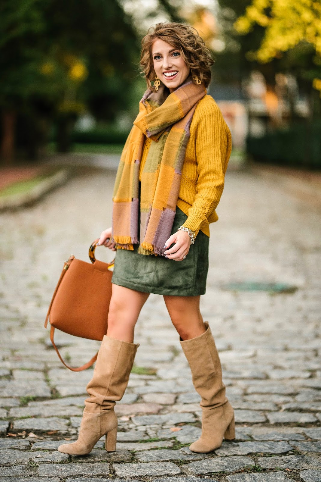 Mustard Yellow & Olive Green for Fall (Skirt, Sweater, Scarf and Bag each under $100) - Something Delightful Blog