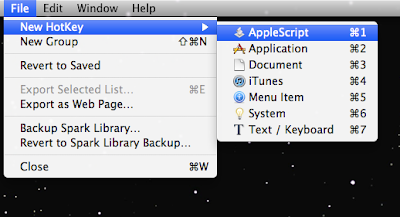Spark: File>New Hotkey>Applescript /></span></a></div><span class=