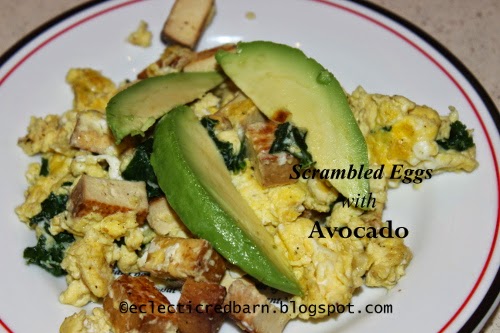 Eclectic Red Barn: Breakfast eggs with tofu, kale, Gruyere, and avocadocado