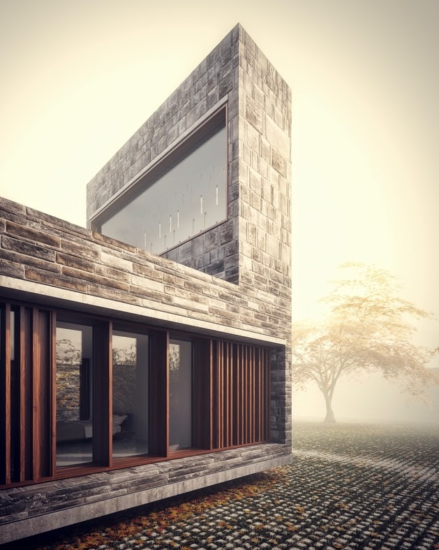 Rumah Modern dengan Dinding Batu Alam