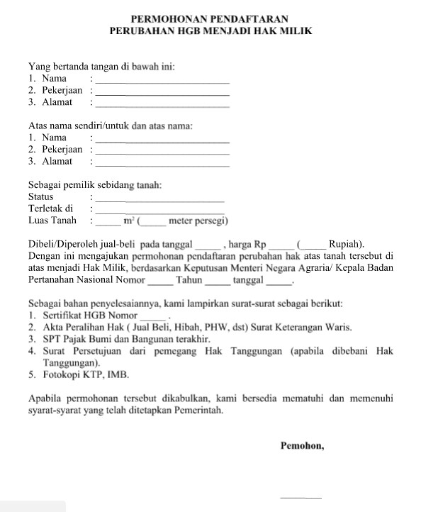 Contoh Surat Permohonan Pendaftaran Perubahan HGB Menjadi Hak Milik