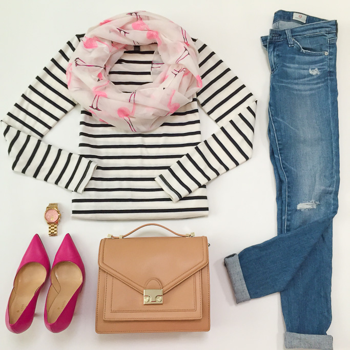 AG distressed super skinny jeans Ann Taylor striped shoulder zip top Kate Spade lottie pumps, Loeffler Randall rider bag Michael Kors runway gold pink watch outfit flatlay Sole Society Flamingo infinity scarf