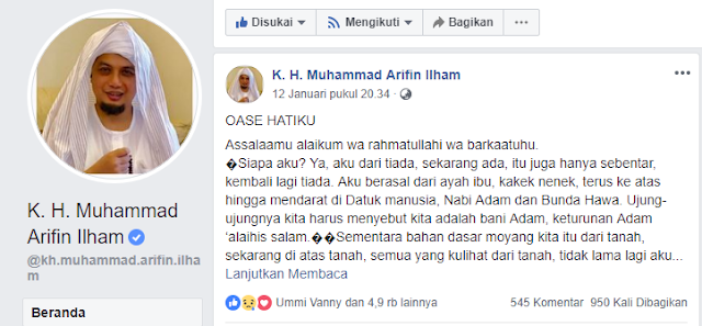 Tulis Pesan Ini di Facebook, Akun Ustadz Arifin Ilham Banjir Doa dan Airmata