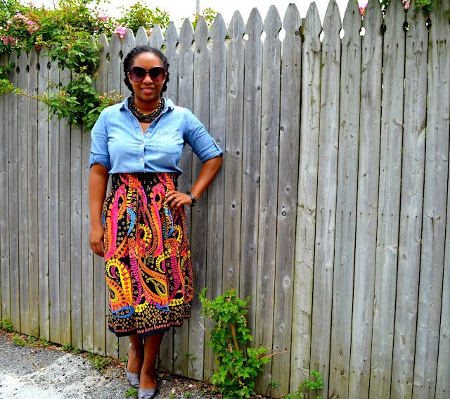 thrifted outfit with denim paisley and ballet flats