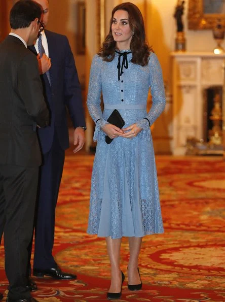 Pregnant Kate Middleton wore Temperley London Eclipse lace collar dress and KIKI McDonough Blue Diamond Drop Earrings
