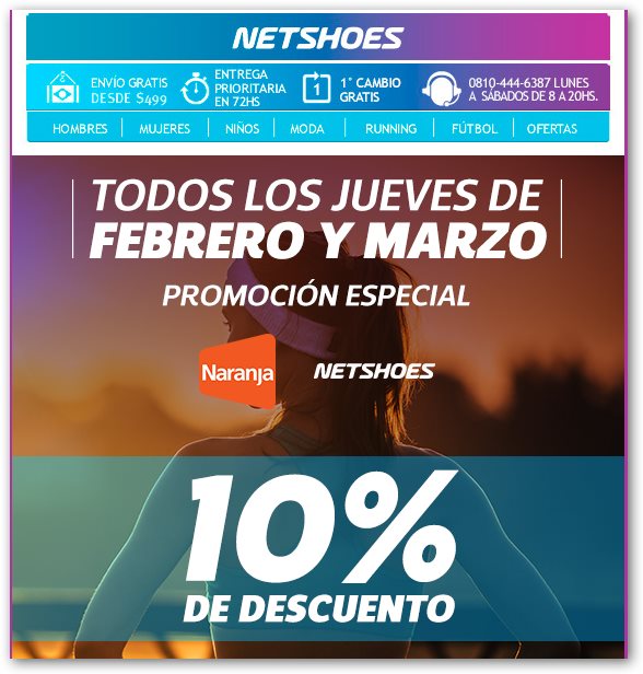 Abrumador vendaje A veces Ofertas y Promos en Argentina: 10% OFF en NETSHOES con Tarjeta NARANJA