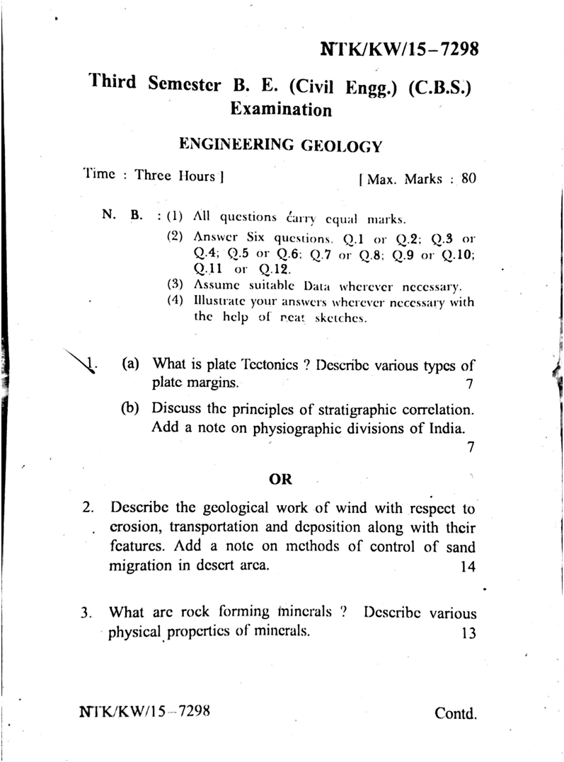 RTMNU B.E Civil Engineering Geology 2015 Question Paper University