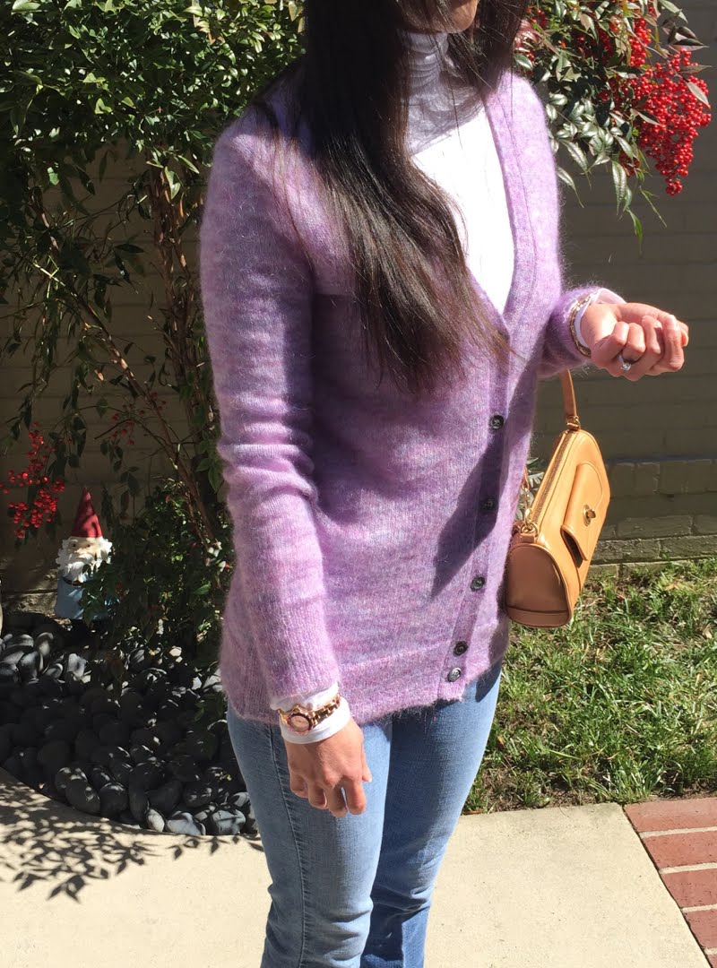 Lavender and Blue Jeans Outfit - close up. Lavender and Blue Jeans Outfit - close up of cardigan, purse, and watch.
