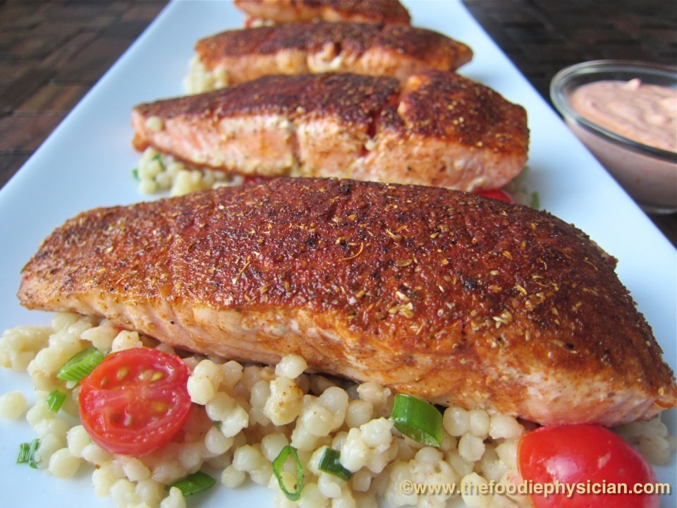 Moroccan Spiced Salmon with Harissa Yogurt and Pearl Couscous