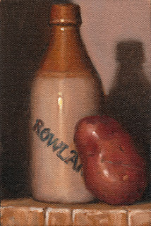 Oil painting of a Désirée potato beside an antique earthenware ginger beer bottle.