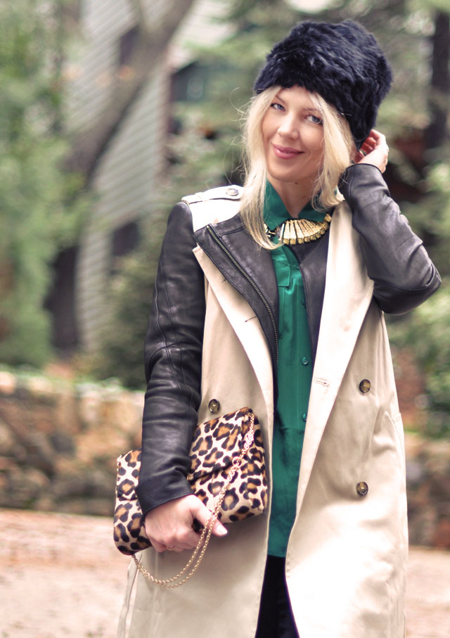 emerald green blouse, sleeveless trench leather coat, leopard print bag, winter style