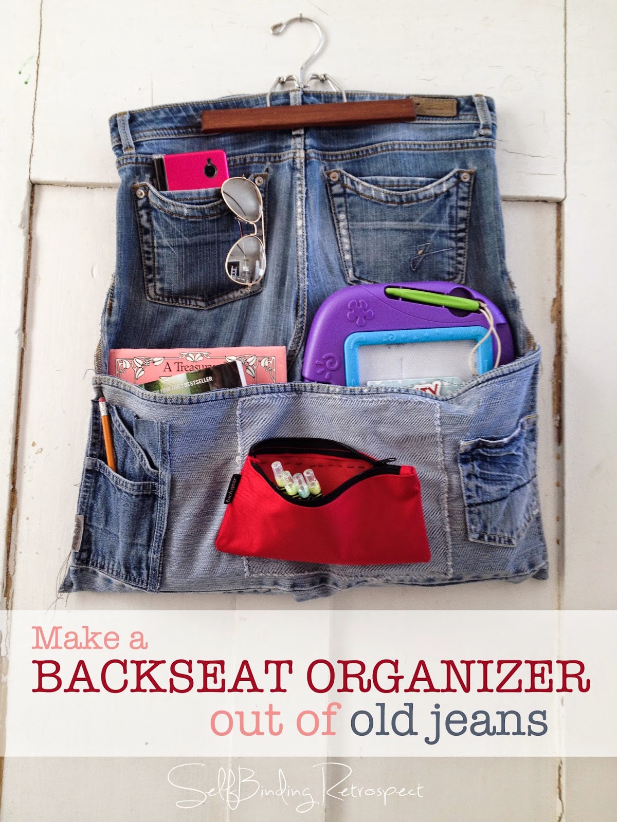 Make a backseat organizer out of old jeans 