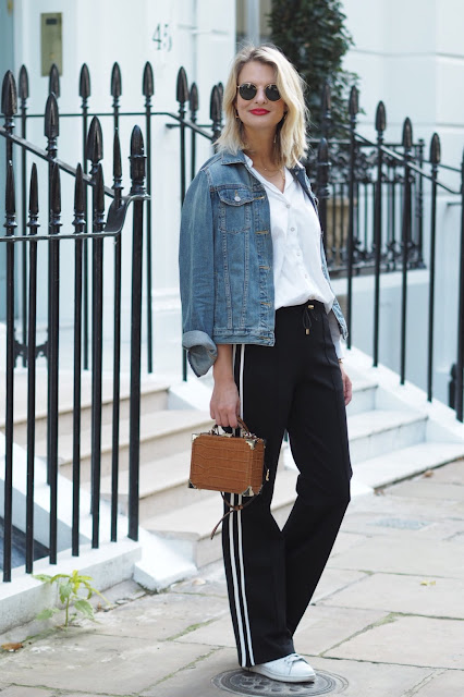 ME+EM luxe track pants, apsinal of london trunk clutch bag, ray ban sunglasses 