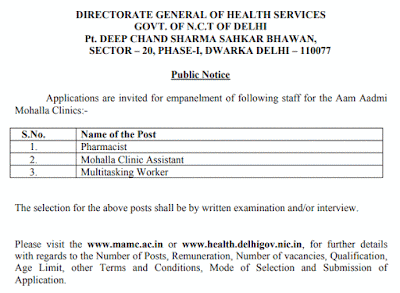 Mohalla Clinic Vacancy in Delhi 2018