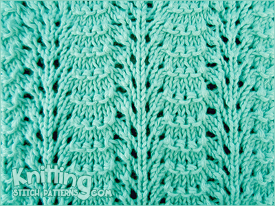 This Ridged Feather pattern is 11 stitches wide and 4 rows long. And three of those rows are just stocking stitch so you have time to recover between lacy rows.