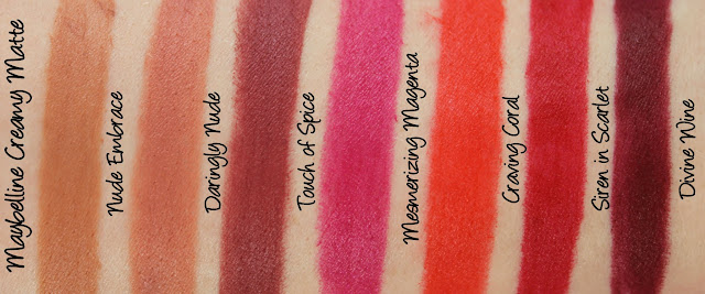 Maybelline Colorsensational Creamy Matte Lipstick - Nude Embrace, Daringly Nude, Touch of Spice, Mesmerizing Magenta, Craving Coral, Siren in Scarlet and Divine Wine Swatches & Review