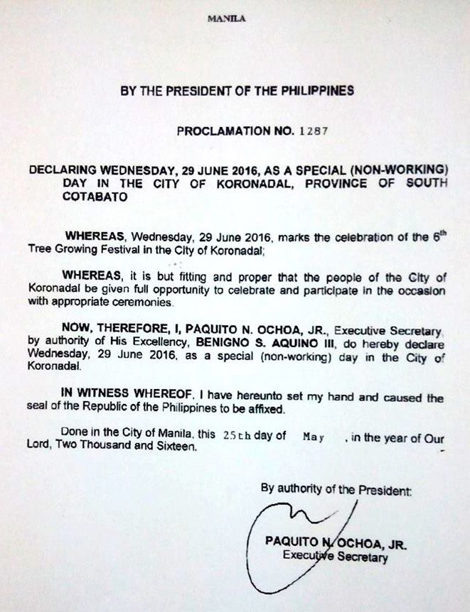 Malacañang declares June 29 a non-working holiday in Koronadal