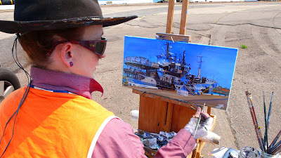 Jane Bennett industrial heritage artist painting the Sea Shepherd's 'Bob Barker' at White Bay Wharf en plein air