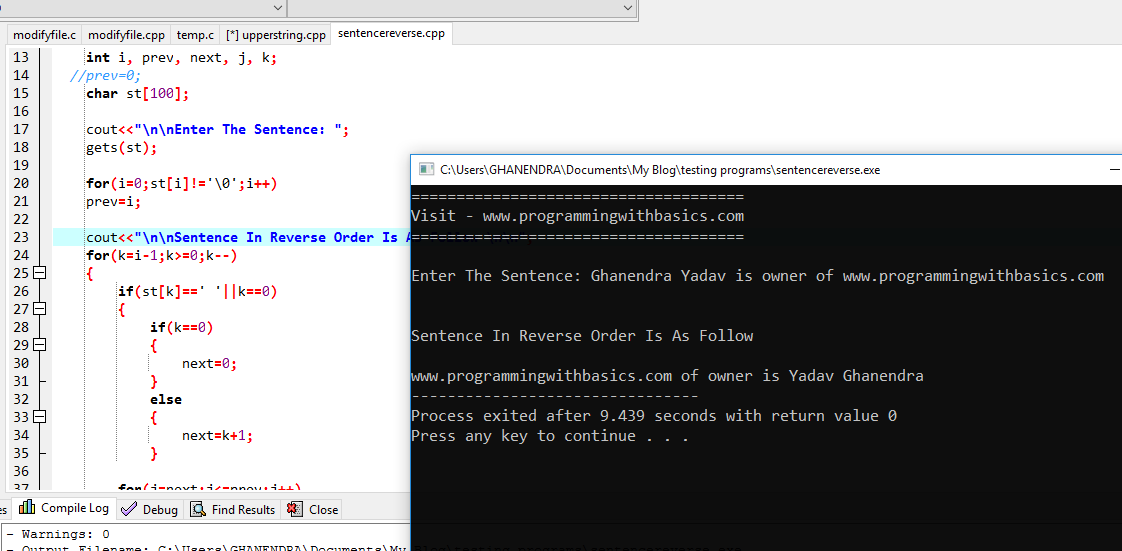 C program to reverse a sentence or string