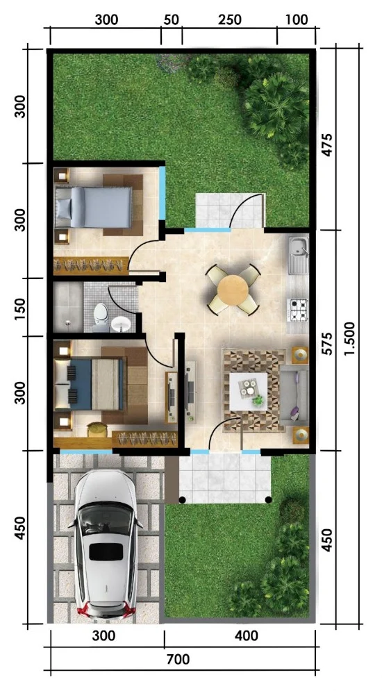 Denah rumah minimalis ukuran 7x15 meter 2 kamar tidur 1 lantai