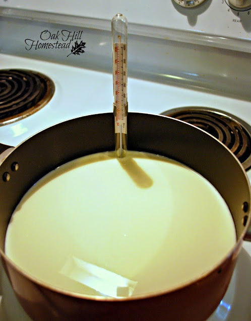 A large pot of milk heating on a stove with a candy thermometer clipped to the side of the pot.