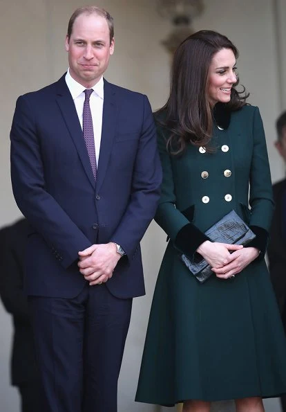 Kate Middleton wore Catherine Walker Bespoke Coat, Monica Vinader Onyx Siren Earrings and Gianvito Rossi Suede Pumps