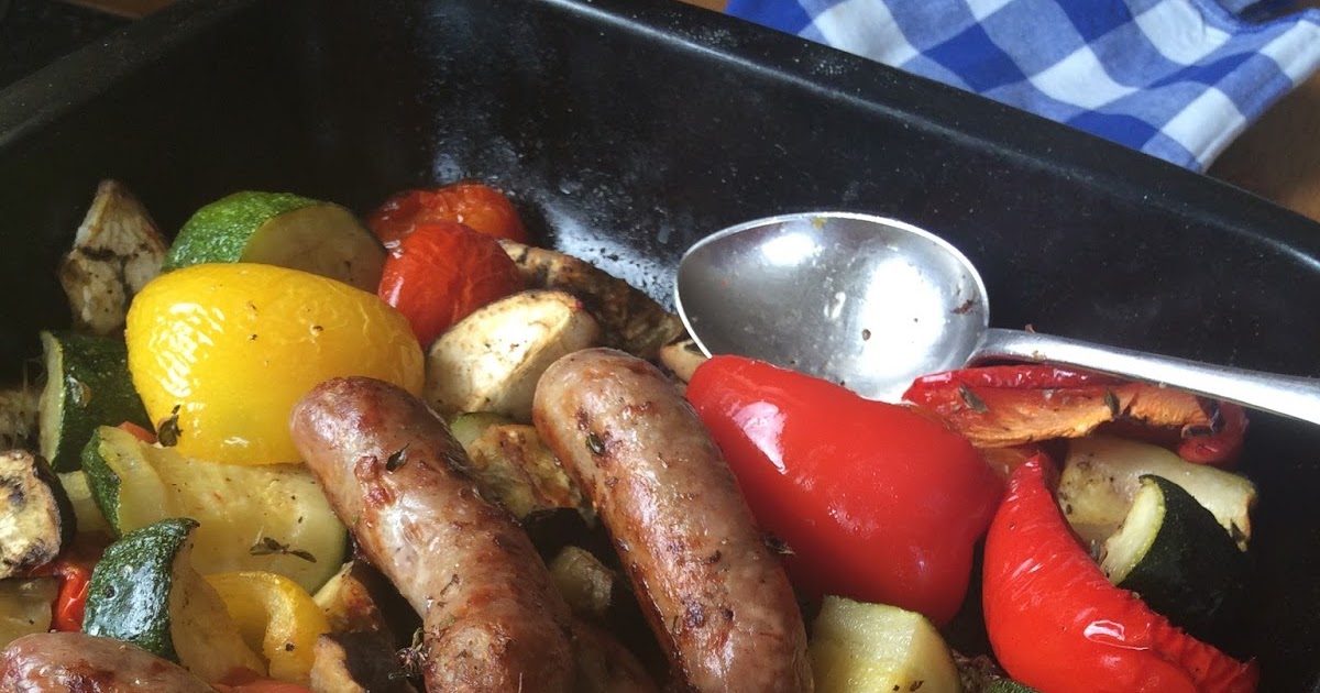 dishes4ibs Low Fodmap Roast Vegetables and Sausages.