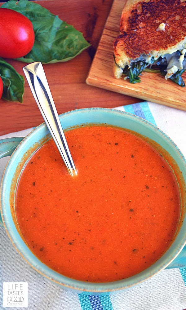 Tomato Basil Soup | by Life Tastes Good is the tomato soup recipe of my dreams! Yes, I dream about delicious tomato basil soup! Fresh roasted vegetables and herbs. Healthy, delicious, and easy to make too!