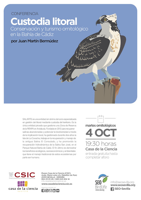 Conferencia: Custodia litoral. Conservación y turismo ornitológico en la Bahía de Cádiz. Por Juan Martín Bermúdez, 4 de Octubre 2016. Grupo Local SEO-Sevilla.