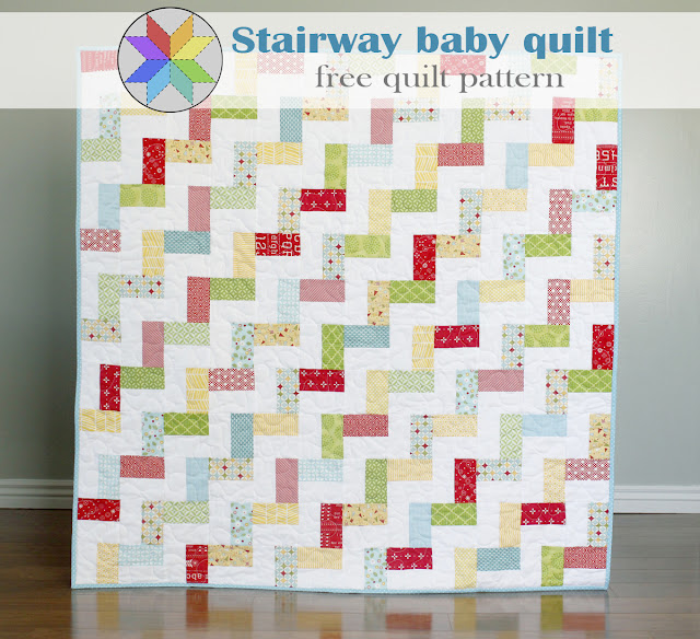 "Stairway Baby Quilt" is a Free Jelly Roll Baby Quilt Pattern designed by Andy from A Bright Corner!