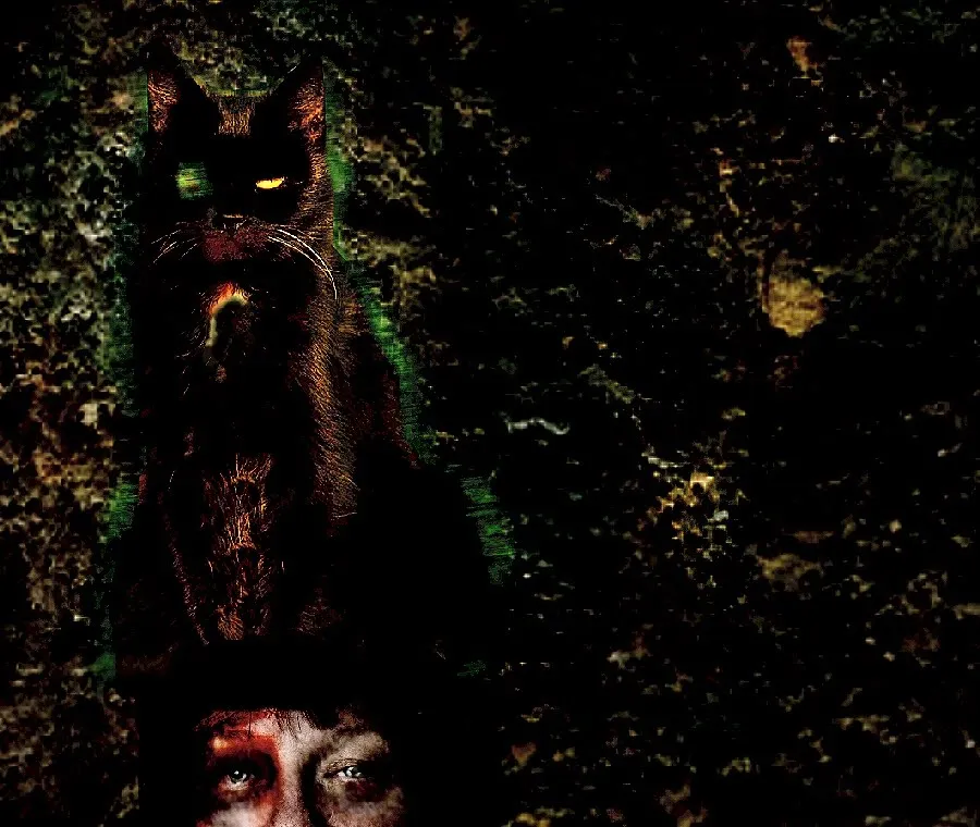 エドガー・アラン・ポーの『黒猫』のイメージ：妻の死体の頭の上に片目の黒猫が座っている