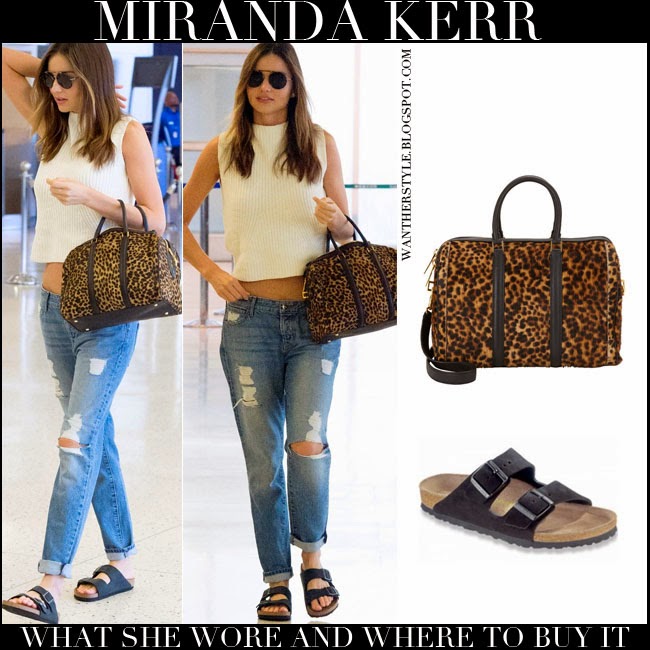 WHAT SHE WORE: Miranda Kerr with leopard print bag distressed boyfriend ...