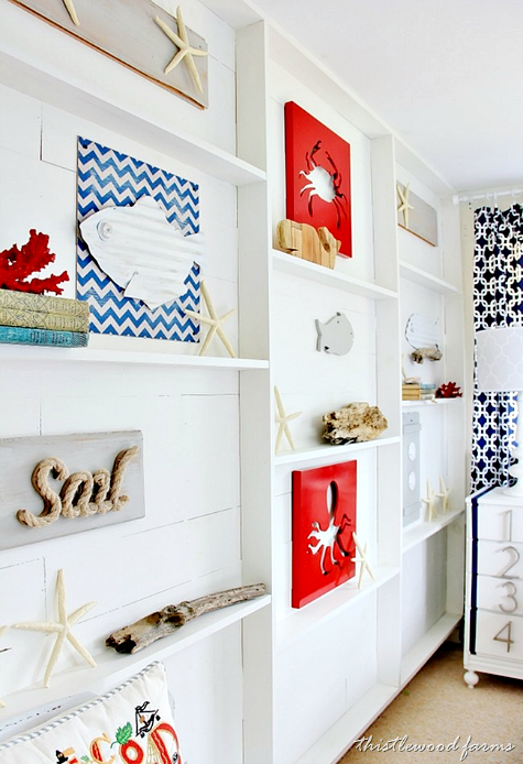 Wood Paneled Accent Wall with Ledge Shelving