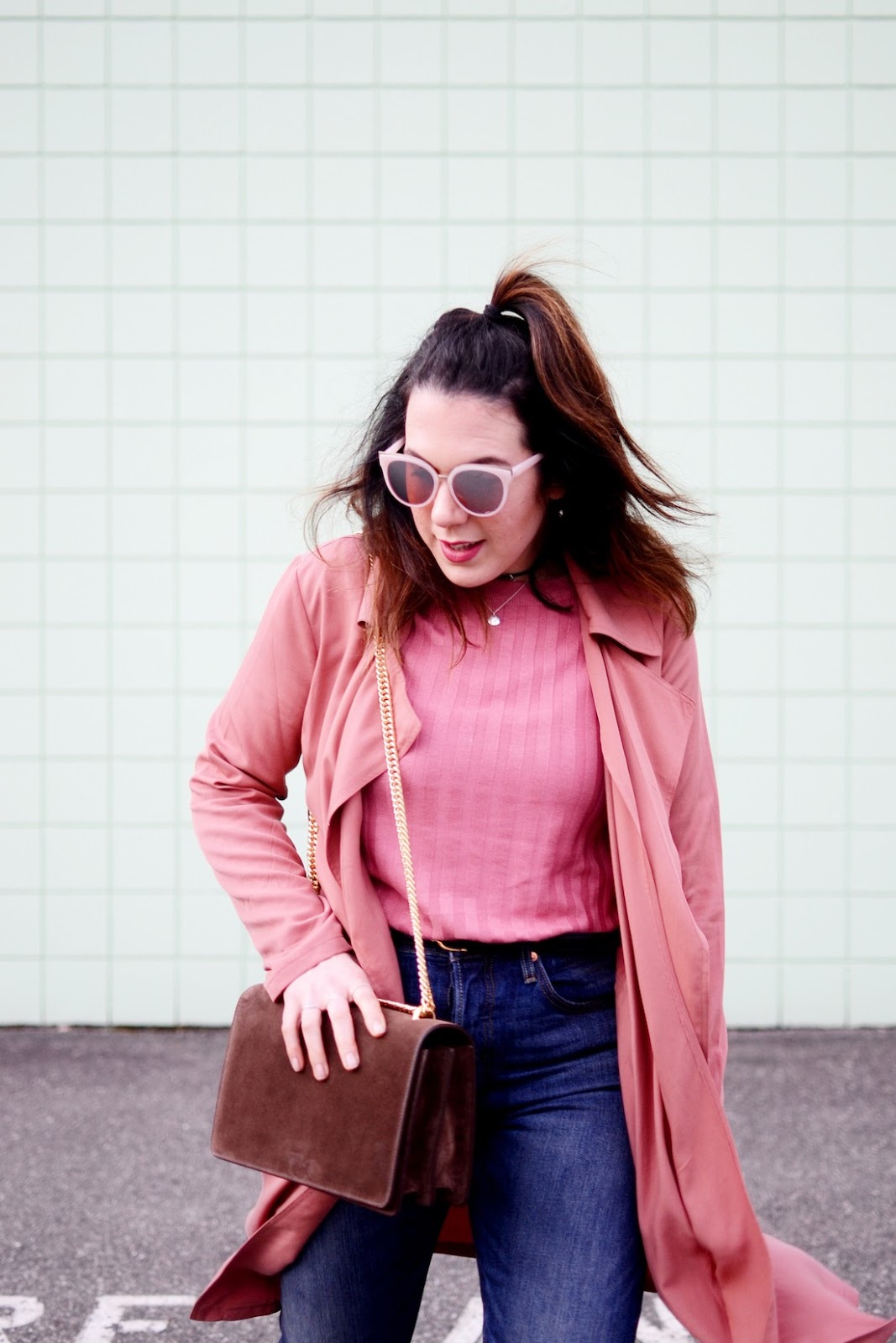 Rose duster jacket forever 21 outfit vancouver fashion blogger AGNEEL sophie bag brown suede