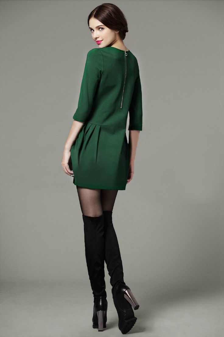 Women's fashion forest green dress and knee boots Luvtolook Virtual