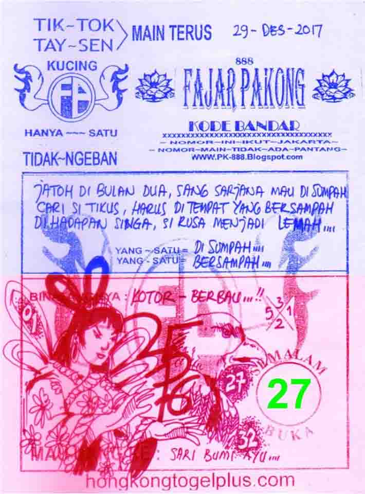 Prediksi Harian Terlengkap Cepat Update Hk 29 Desember 2017 Kode Syair Sgp Hk Sd Motesia