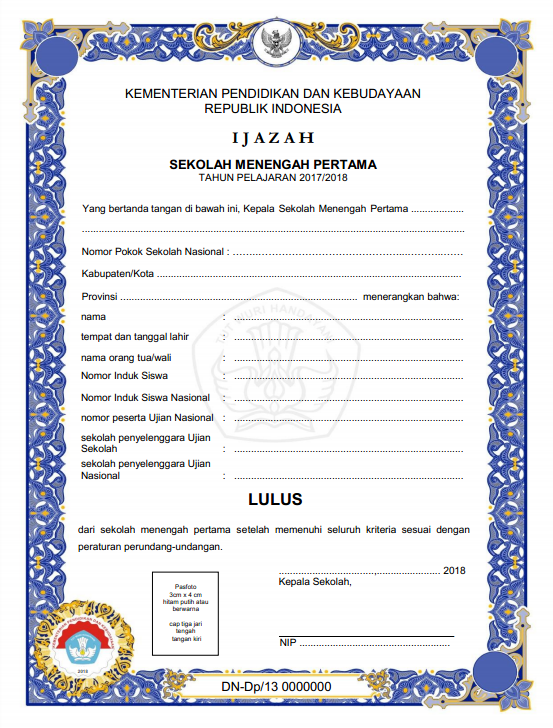 Contoh Blangko Ijazah Terbaru Tahun 2018