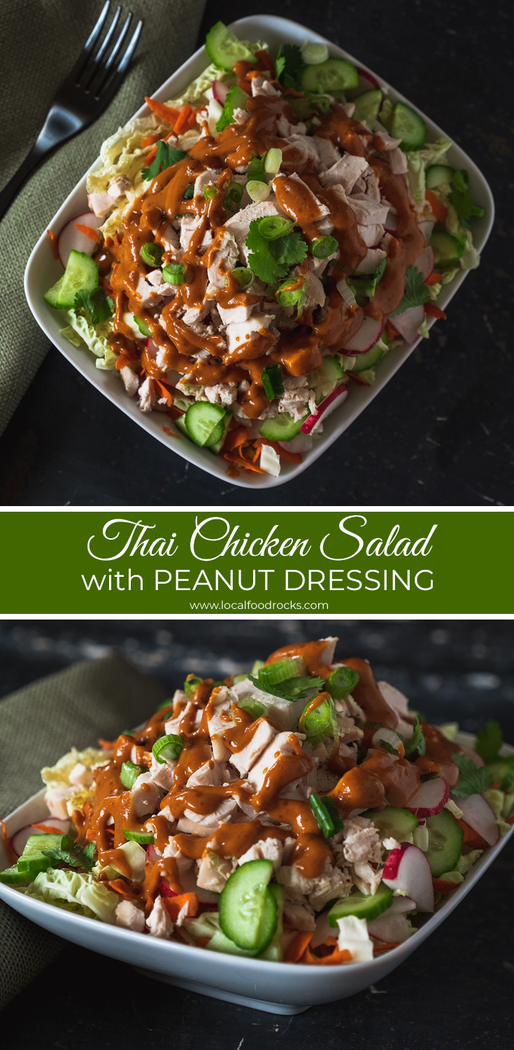 Full of crunchy vegetables this quick and easy Thai chicken salad with peanut dressing is bursting with amazing flavor. | Local Food Rocks