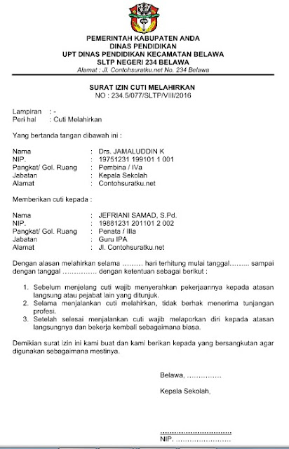 15++ Contoh surat cuti melahirkan dari kepala sekolah terbaru yang baik dan benar