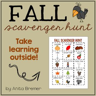 Take learning outside! FREE fall scavenger hunt where students can search outdoors for signs of the changing season. Perfect for PreK-1st grade. #fall #scavengerhunt #freebies #kindergarten #1stgrade #seasons #kindergartenscience