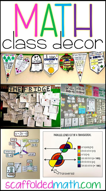 Are you looking for math classroom decor ideas? In this post there are ideas for decorating elementary, middle and high school math classrooms. Includes links to free pdf posters, math word walls and other fun ideas to add to your math classroom decor.