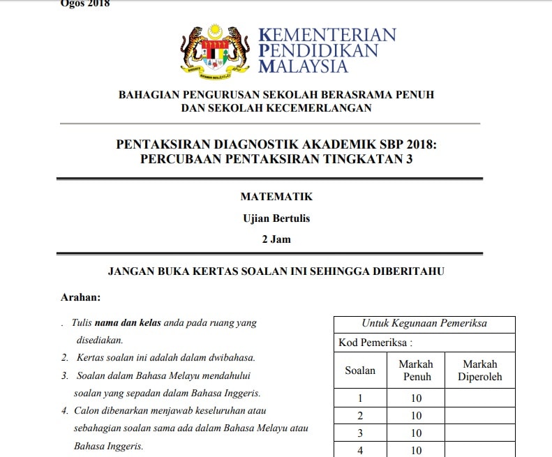 Soalan Percubaan Matematik PT3 2018 + Skema Jawapan | SBP, Kelantan, Terengganu & Kedah