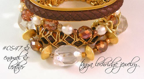 CRYSTAL QUARTZ, PEARL & GOLD VERMEIL IN A STACK WITH LEATHER & ENAMEL