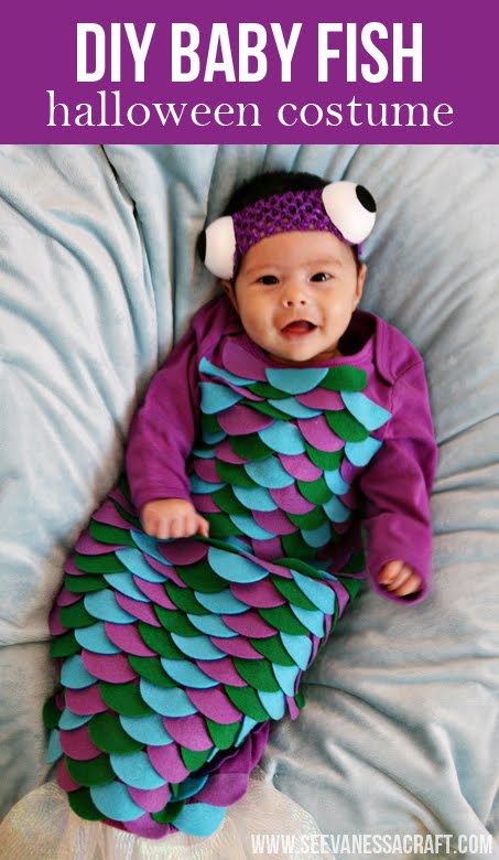 Homemade fish Halloween costume for baby girl Try these 10 best handmade baby Halloween costume. DIY Fish Halloween costume for baby girl. Cute homemade mermaid costume for girl. DIY Halloween baby costume. Halloween costume ideas for baby. DIY Baby Halloween costume ideas. Halloween costume for 0-1 years old baby. Halloween costume for toddlers.