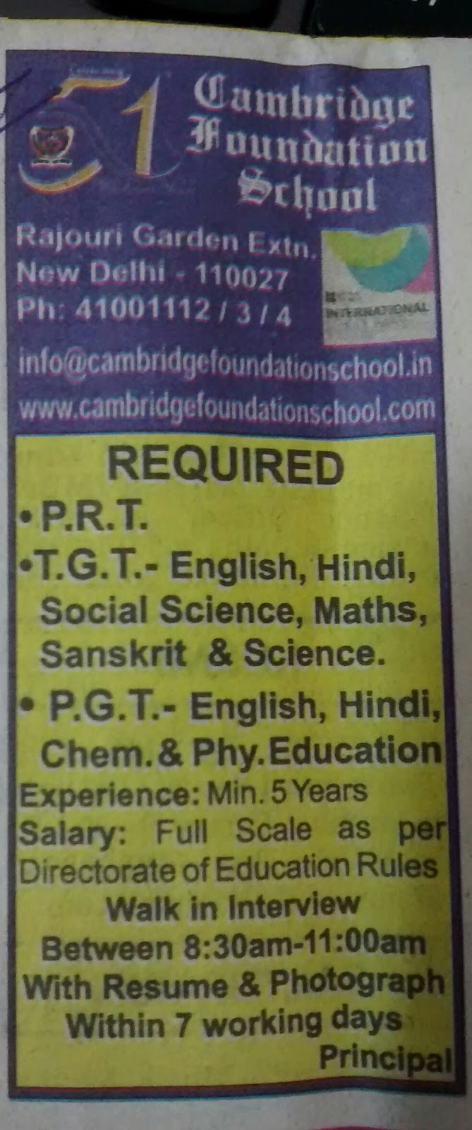 Cambridge Foundation School Recruitment (Rajouri Garden) Delhi