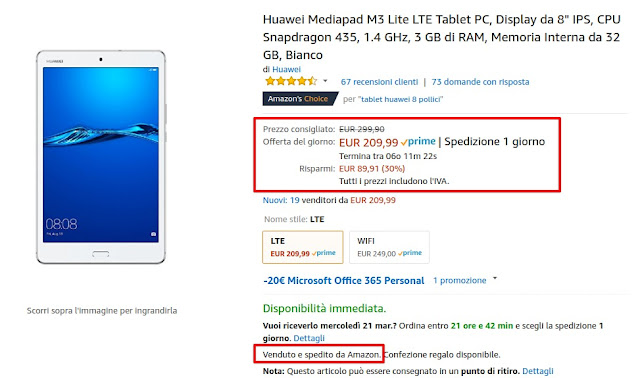 Offerta del giorno Amazon: Huawei Mediapad M3 Lite LTE a 209 euro venduto e spedito da Amazon