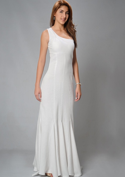 One Shoulder Linen Wedding Dress