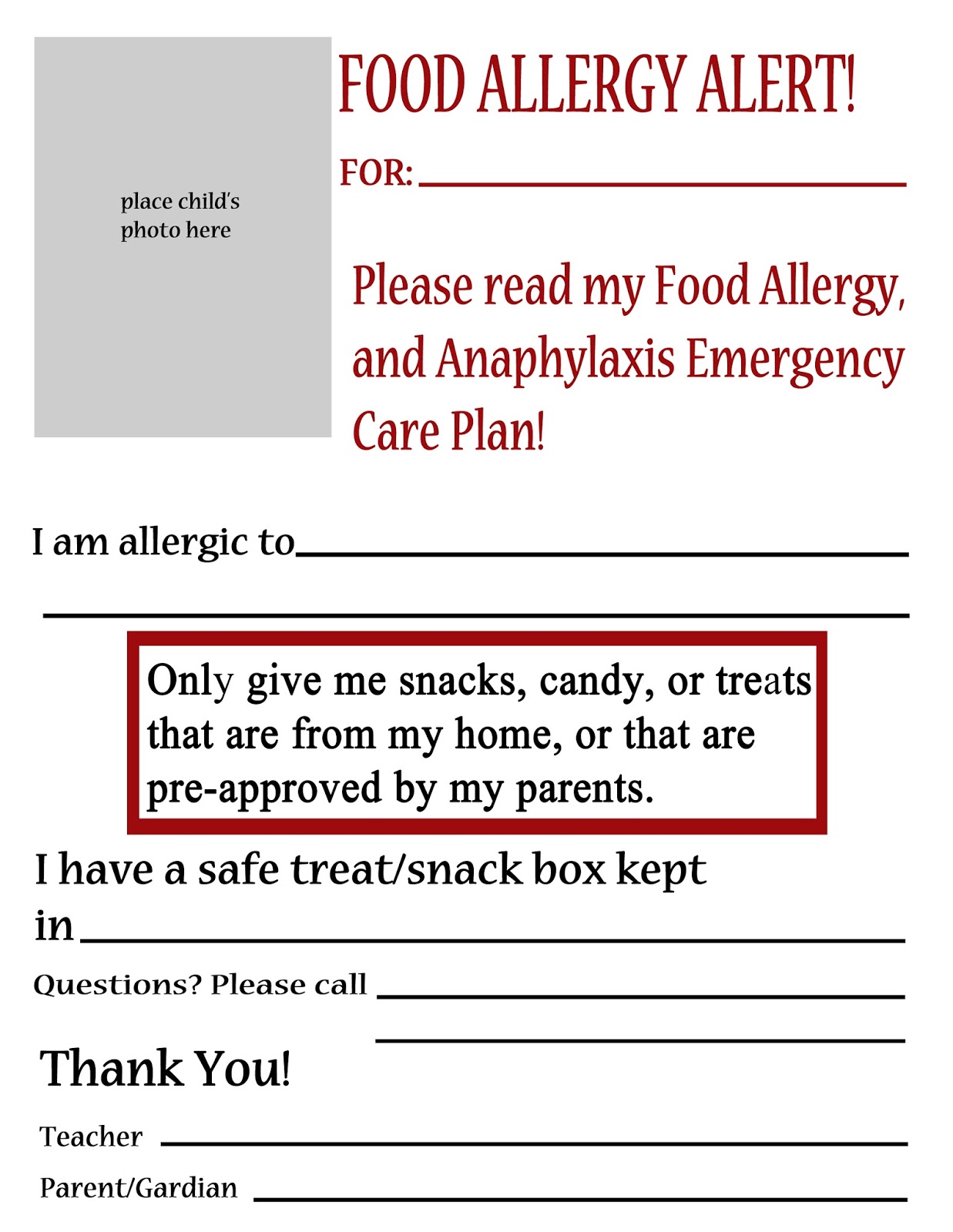 Thriving With Allergies Substitute Teacher Handouts for Kids with Food